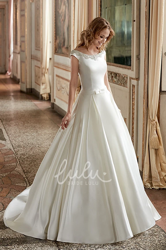 Ball Gown Satin Spring Wedding Dress with Scoop Neck and Beading