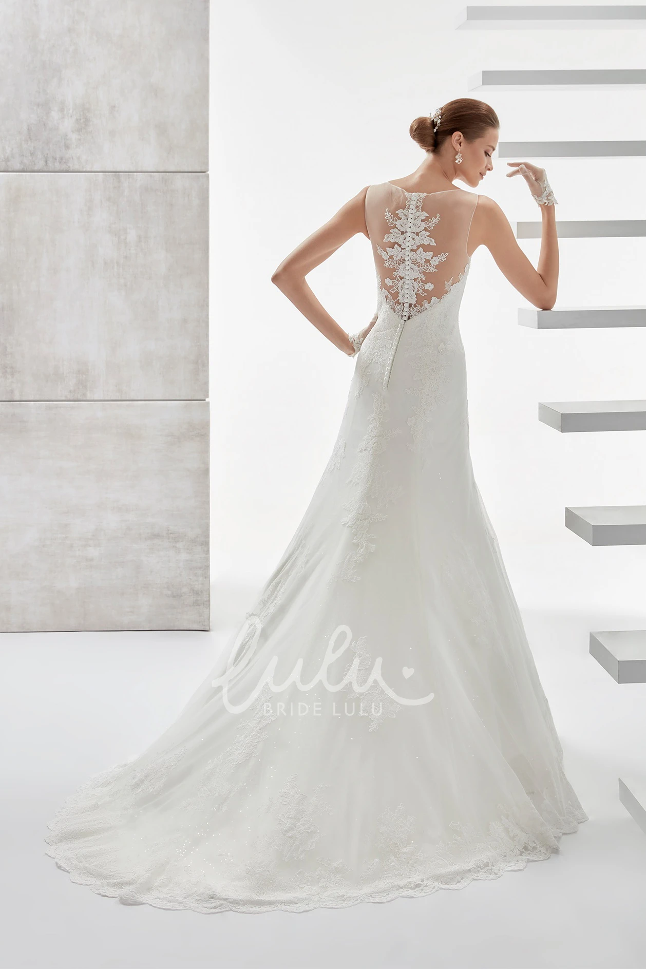 Cap-Sleeve Jewel-Neck Wedding Dress with Illusive Design and Appliques