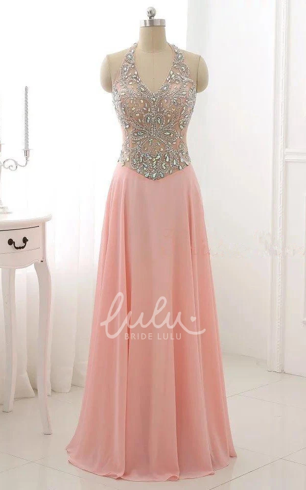Chiffon Halter Backless Formal Dress with Beading Floor-length