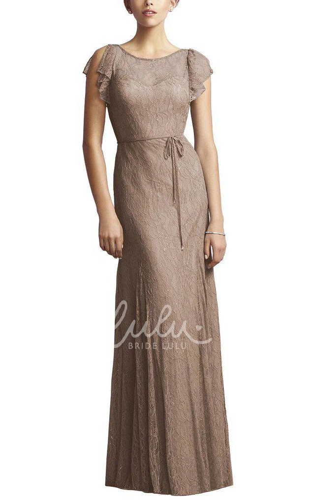 Sheath Lace Bridesmaid Dress with Cap Sleeves and Sash in Elegant Style