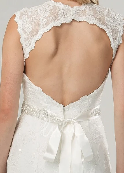 Beaded V-Neck Lace Wedding Dress with Bow and Sweep Train Elegant Bridal Gown