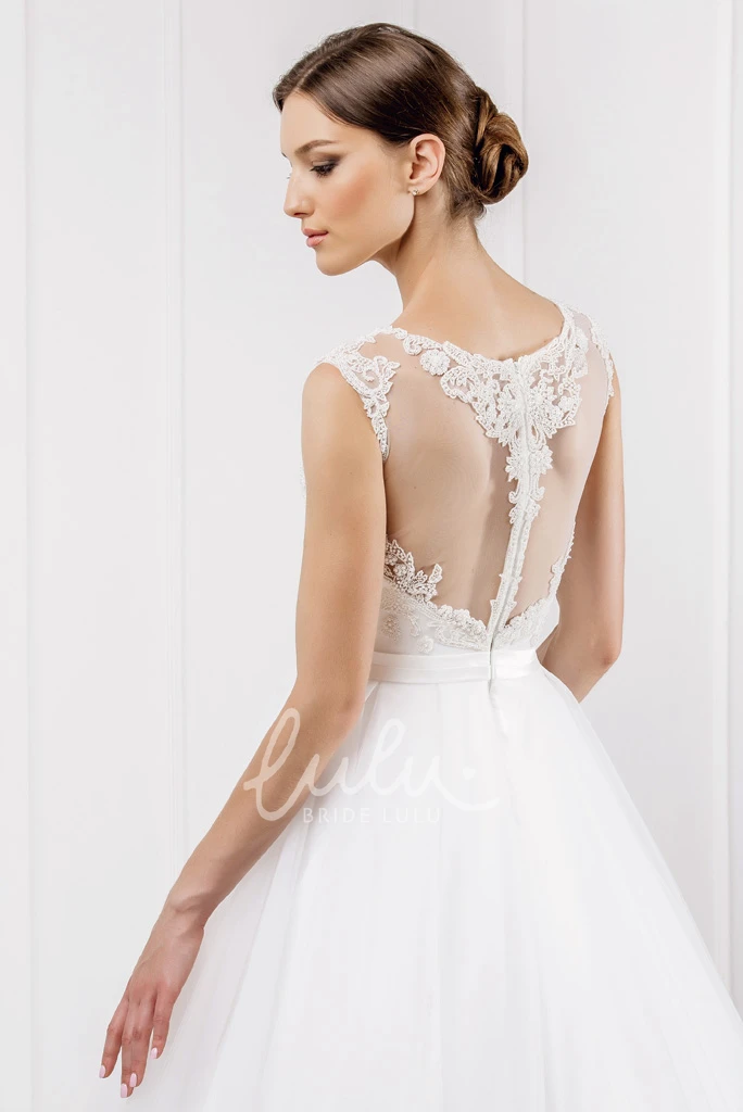 Illusion Appliqued Tulle Wedding Dress with Scoop Neckline Elegant Bridal Gown