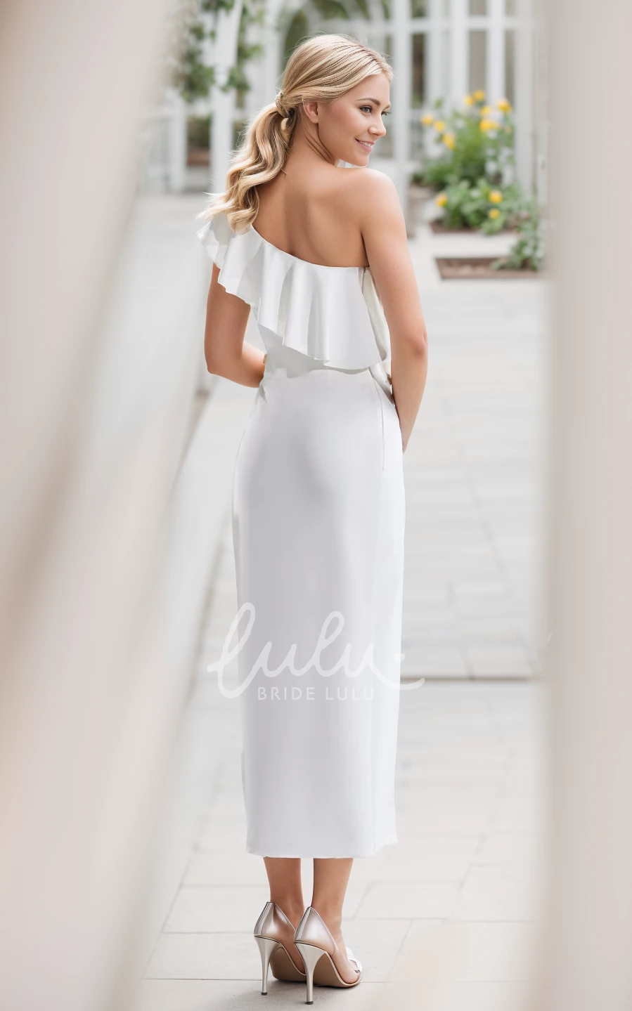 One-shoulder Sexy Modern Sheath Solid Petite Women Ankle-length Sleeveless Backless Ruffles Split Front Wedding Bridal Dress