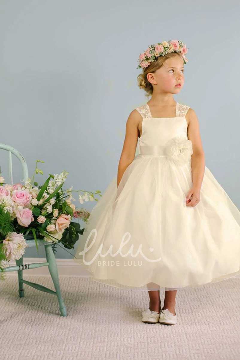 Bowed Floral Tea-Length Flower Girl Dress with Sash Lace & Organza