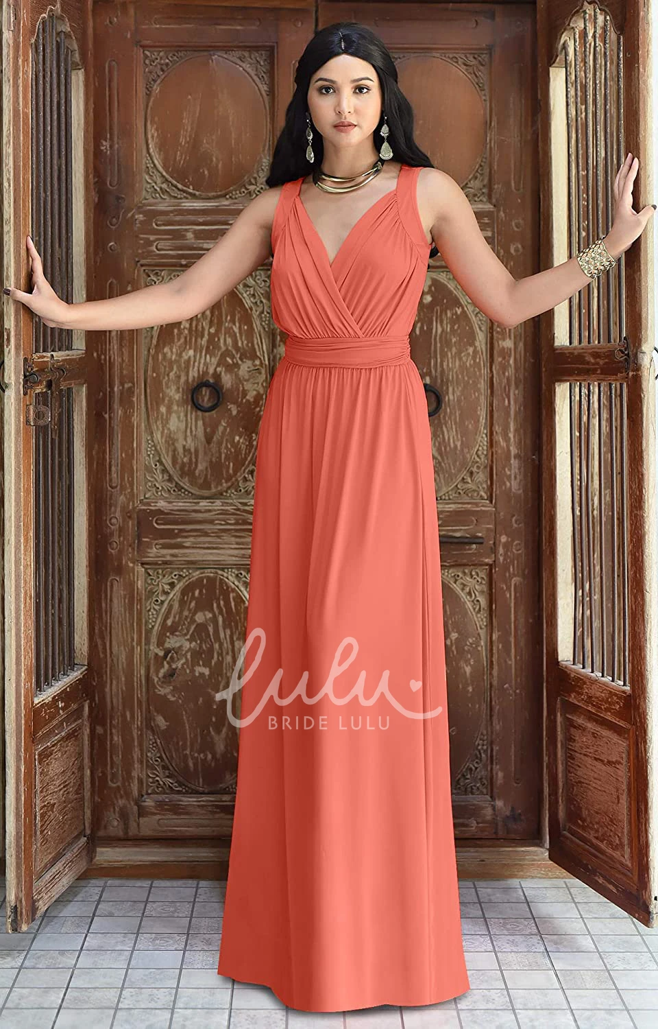 Chiffon V-neck A-line Bridesmaid Dress with Ruching Casual Floor-length