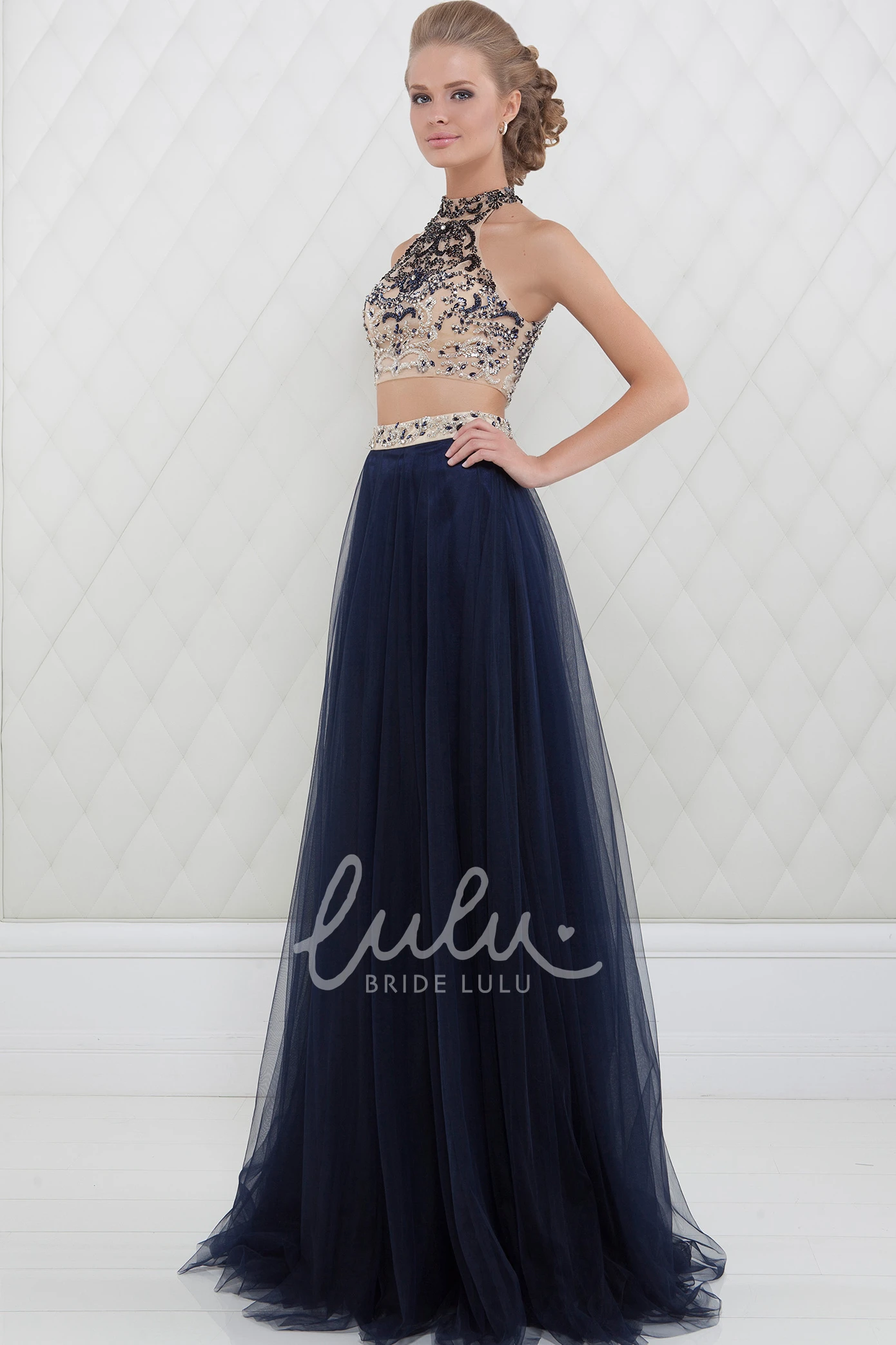 Maxi Tulle Prom Dress with High-Neck Beaded Sleeveless A-Line and Elegant Waist Jewellery
