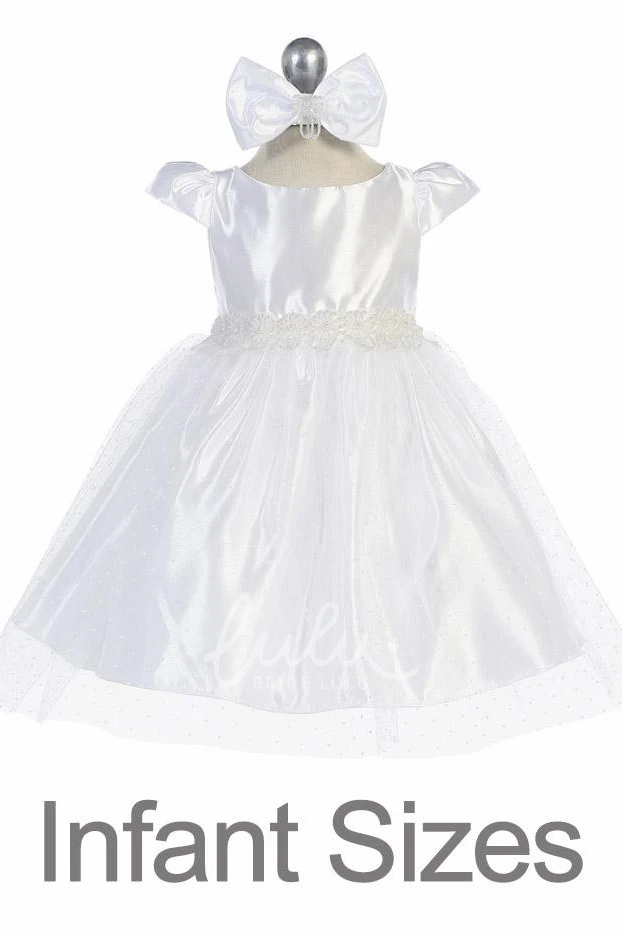 Cap-Sleeve Beaded Tulle&Satin Floral Girl Dress Tea-Length Dress