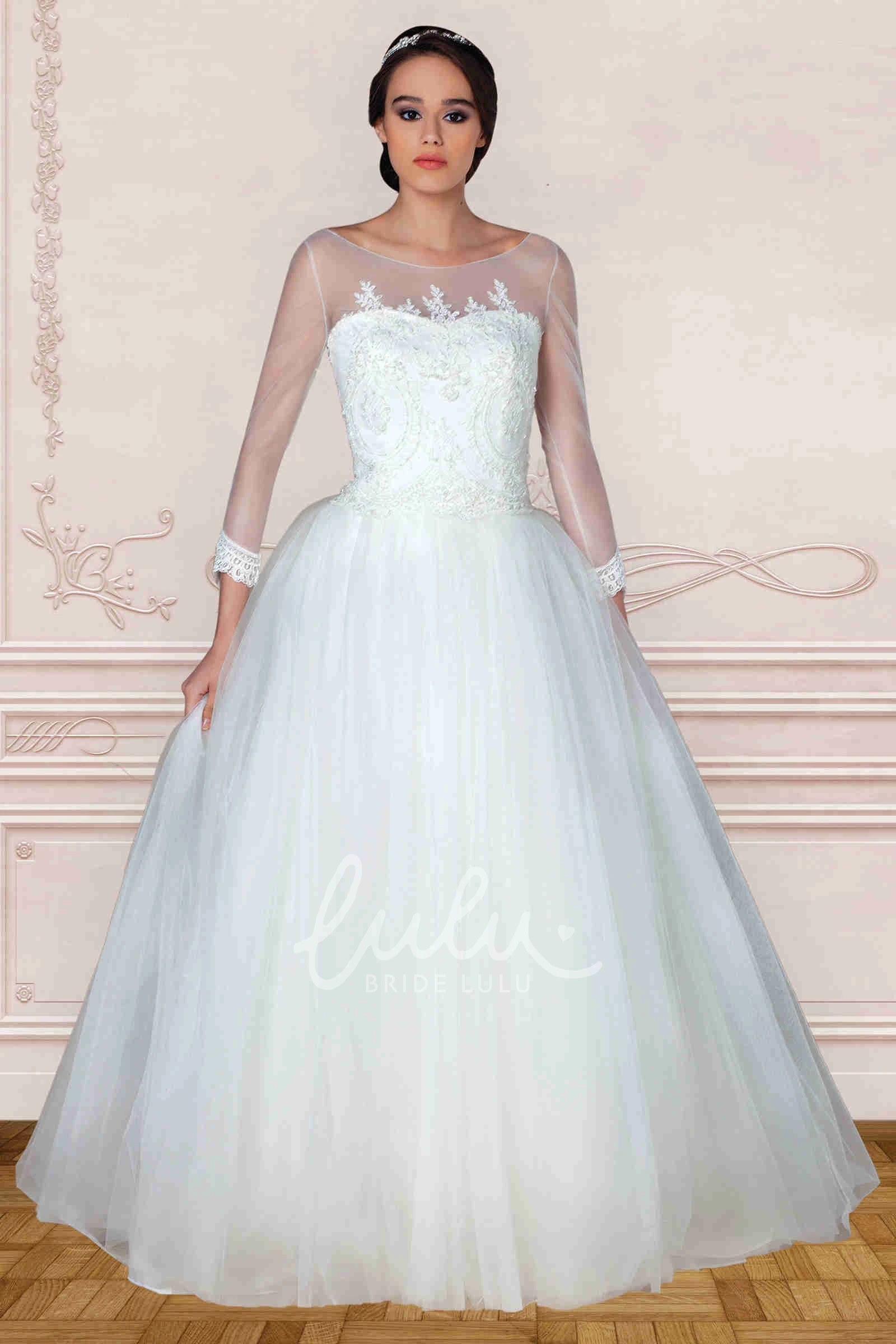 Tulle Long-Sleeve Wedding Dress with Appliques Scoop Neck Sweep Train Illusion Dress