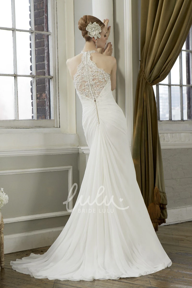 Chiffon Sleeveless V-Neck Sheath Wedding Dress With Illusion Back Flowy Bridal Gown