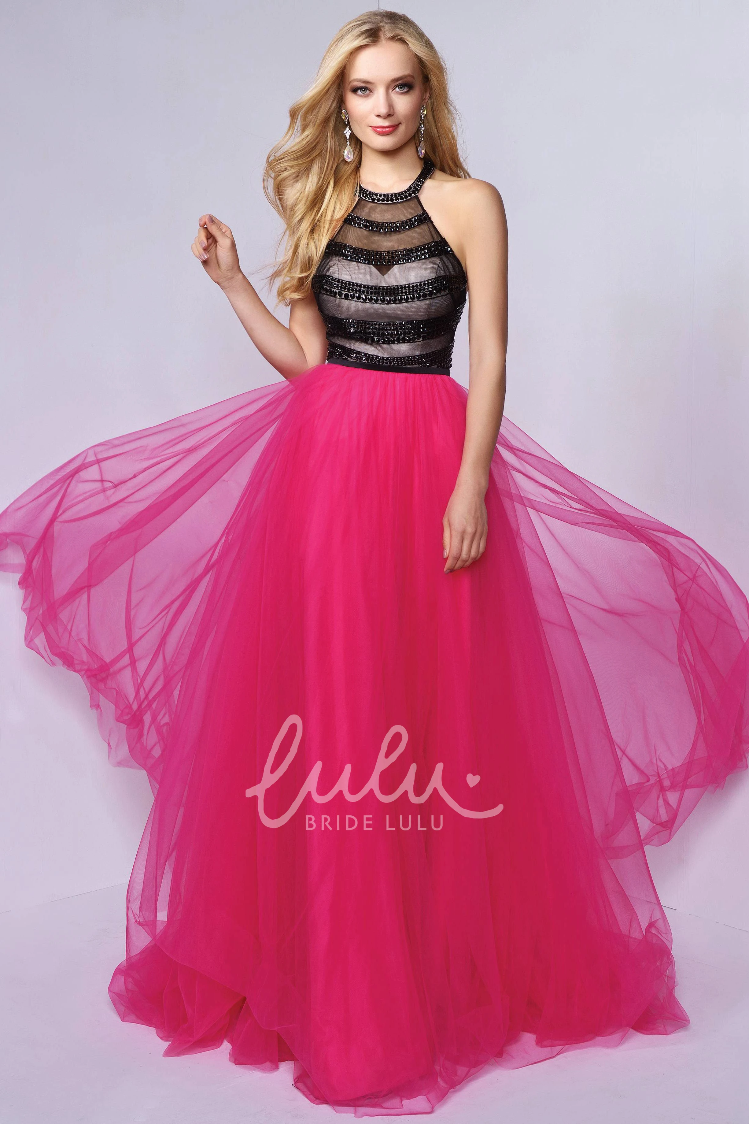 Jewel-Neck Tulle A-Line Formal Dress with Beading Floor-Length