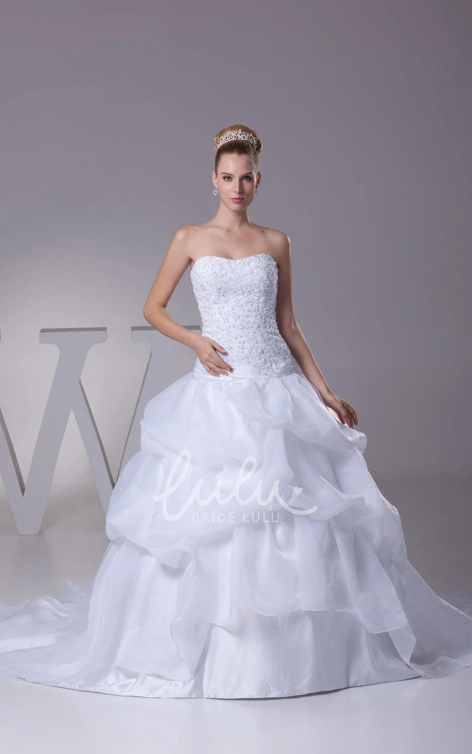 Appliqued A-Line Organza Wedding Dress With Pick-Up Design and Strapless Neckline