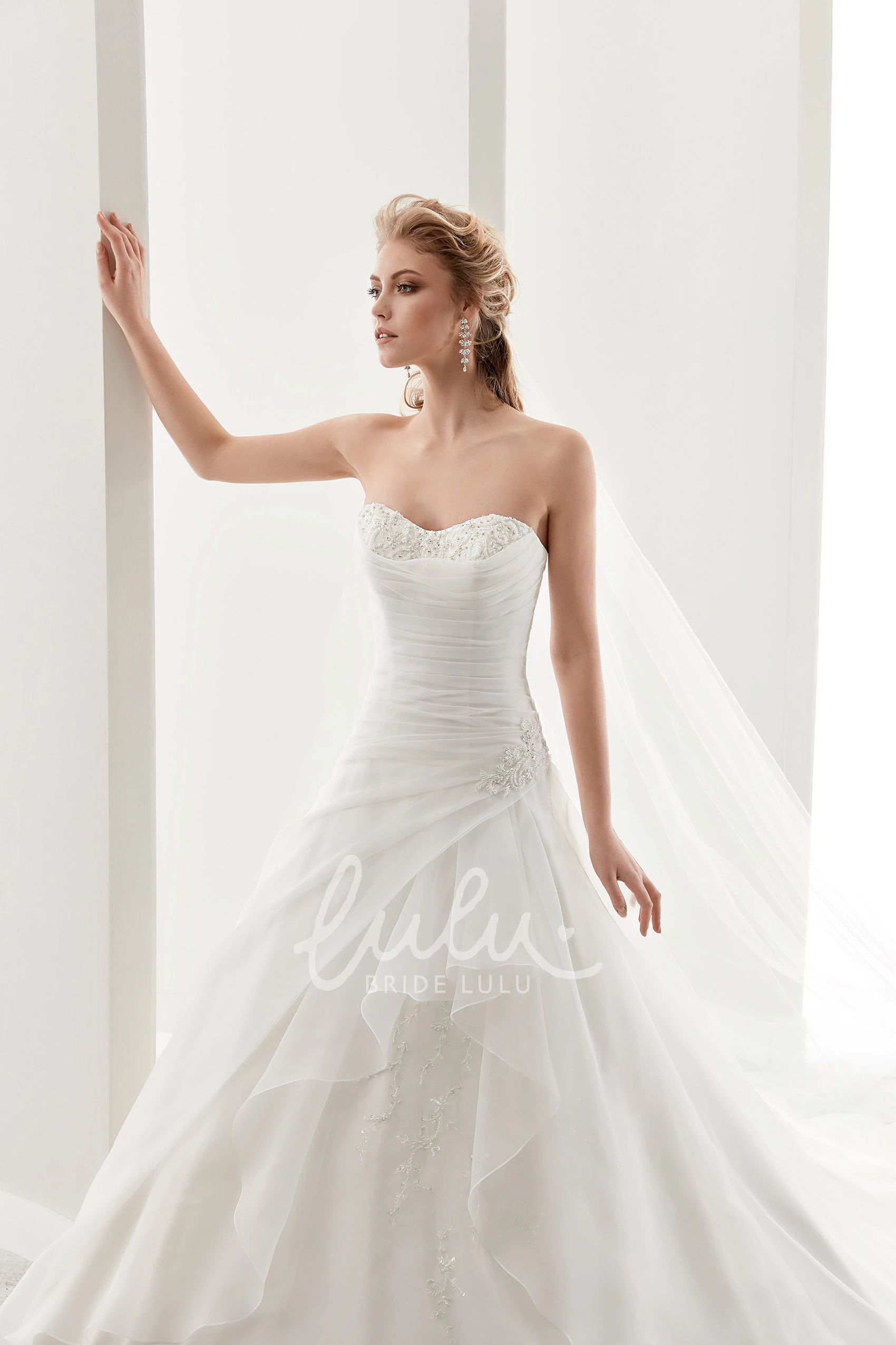 Beaded Bust A-Line Wedding Dress with Side Ruffles