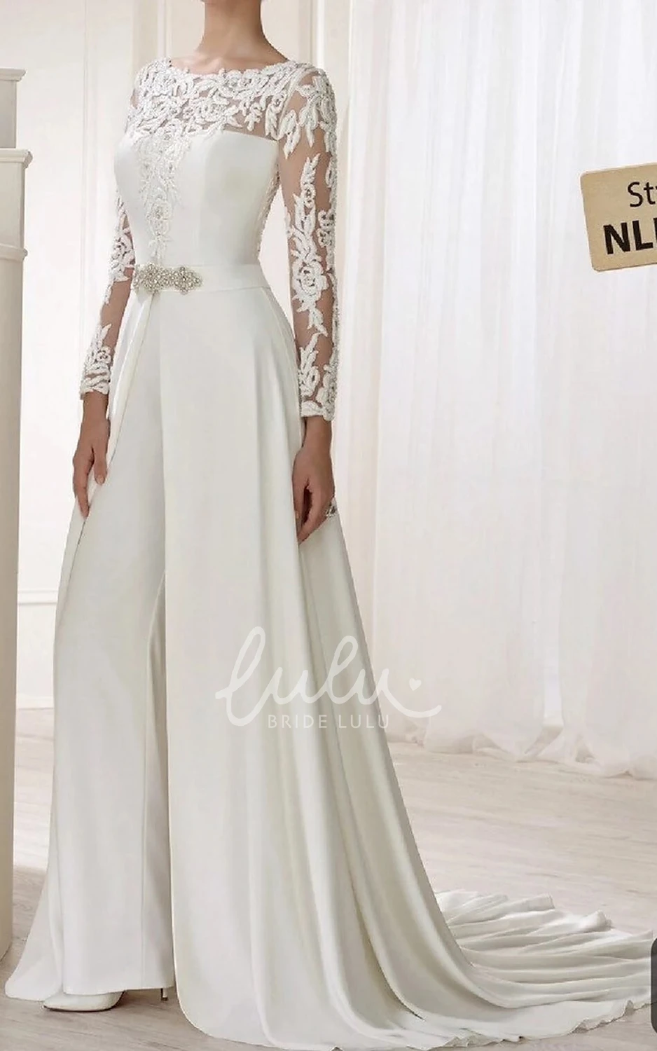 Satin Two-Piece Wedding Dress Illusion Sleeves Elegant Garden Jumpsuit