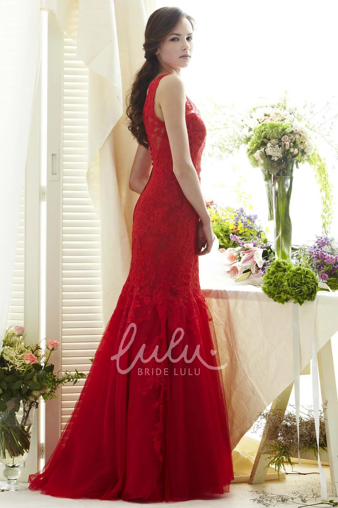 Mermaid V-Neck Lace Prom Dress with Broach and Low-V Back Unique Formal Dress