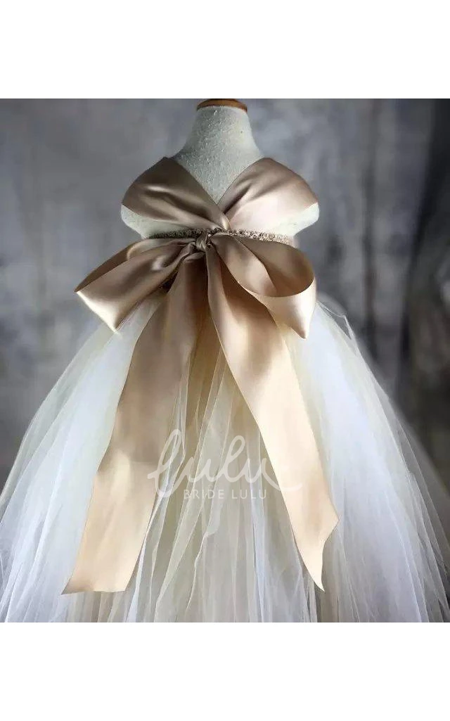 Tulle Cap Sleeve Dress with Flower Bodice and Pleated Bow Back