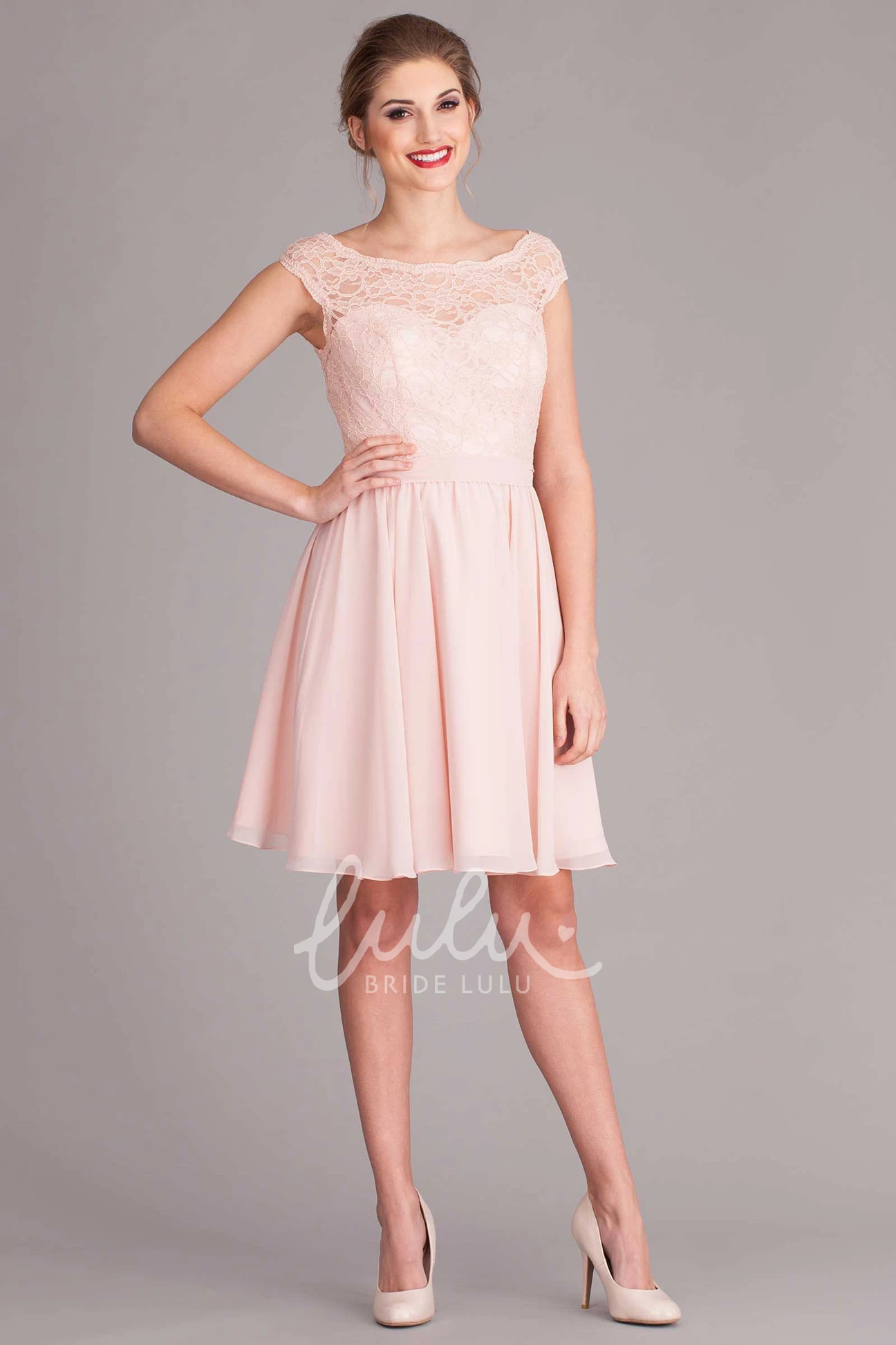 Lace Chiffon Cap-Sleeve Bridesmaid Dress with Pleats Elegant Bridesmaid Dress