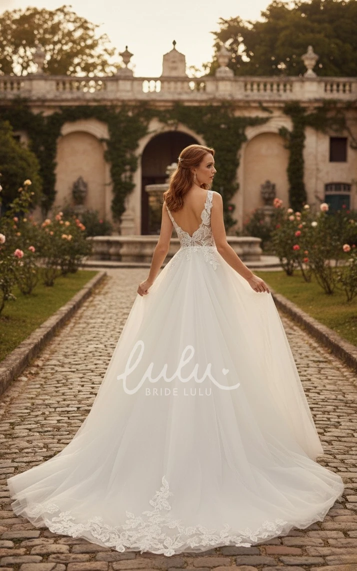 A-Line Lace Floral Beach Wedding Dress Country V-Neck Sleeveless Tulle Bridal Gown