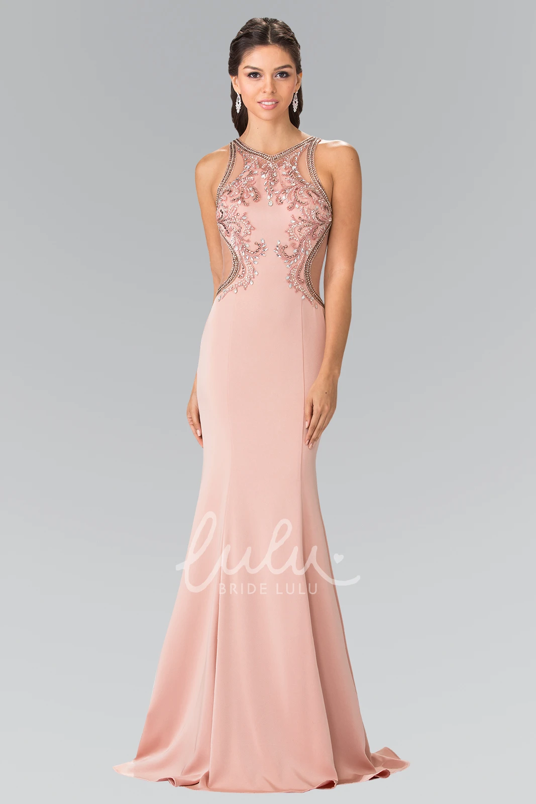 Sleeveless Sheath Jersey Illusion Dress with Beading and Sequins Classy Prom Dress