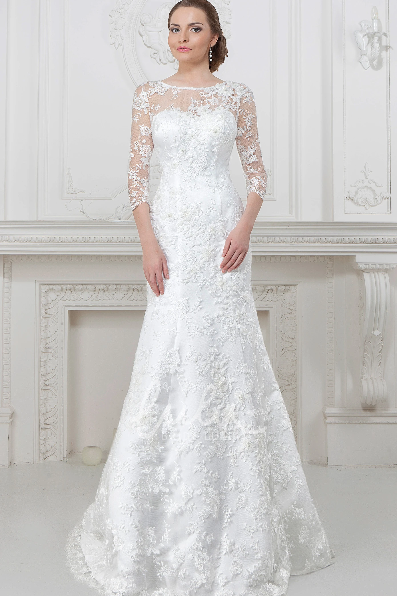 A-Line Lace Wedding Dress with Illusion Scoop-Neck 3-4-Sleeves