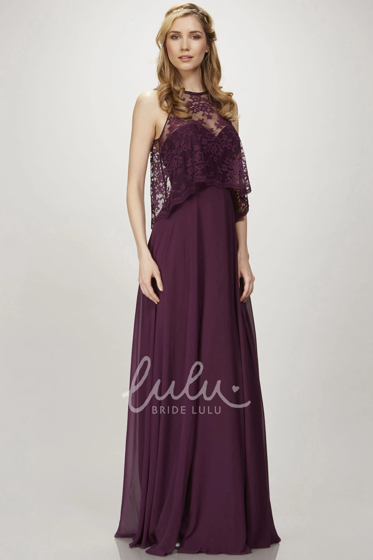 High Neck Appliqued Chiffon Bridesmaid Dress Sleeveless Low-V Back
