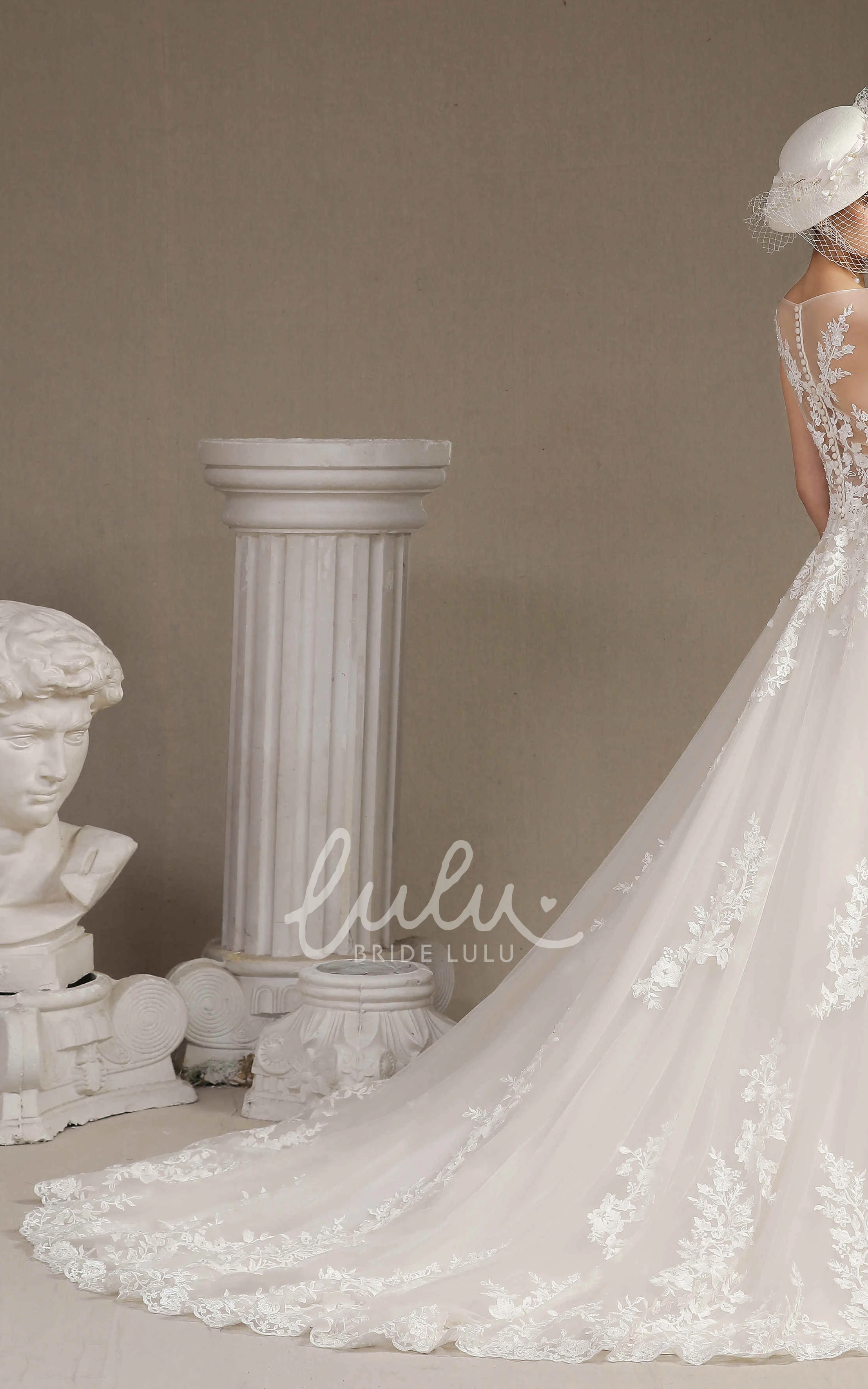 Lace Appliqued Ballgown Wedding Dress with Illusion Top and Cap Sleeves