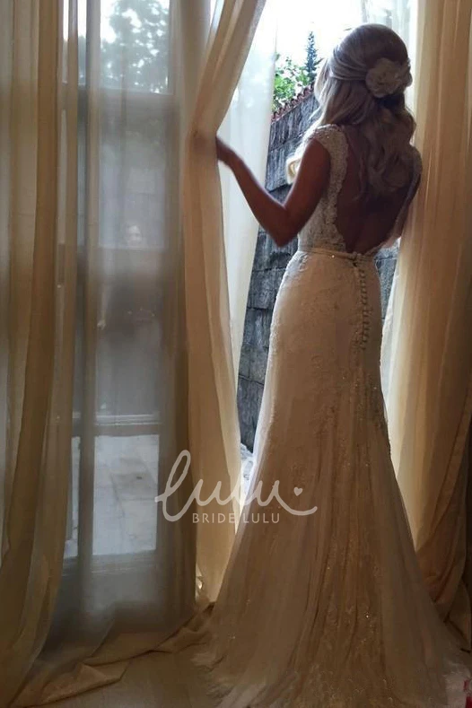 Queen Anne V-neck Lace Sheath Wedding Dress Open Back Style