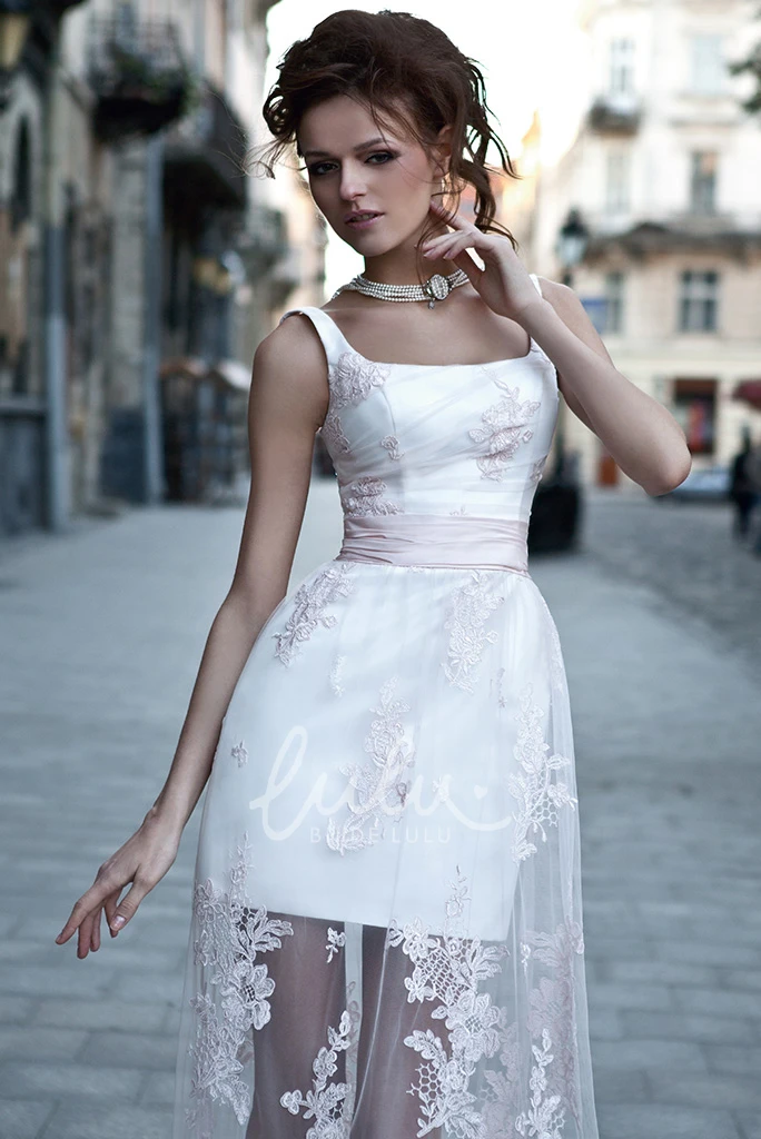 Square A-Line Prom Dress with Appliqued Lace and Satin Sleeveless and Floor-Length