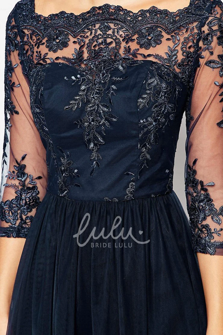 Knee-Length Tulle Bridesmaid Dress with 3-4-Sleeves and Bateau-Neck Illusion