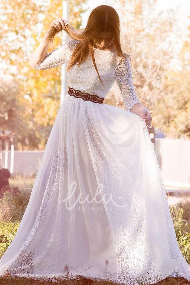 Half Sleeve Lace Ribbon Wedding Dress with Bateau Neckline