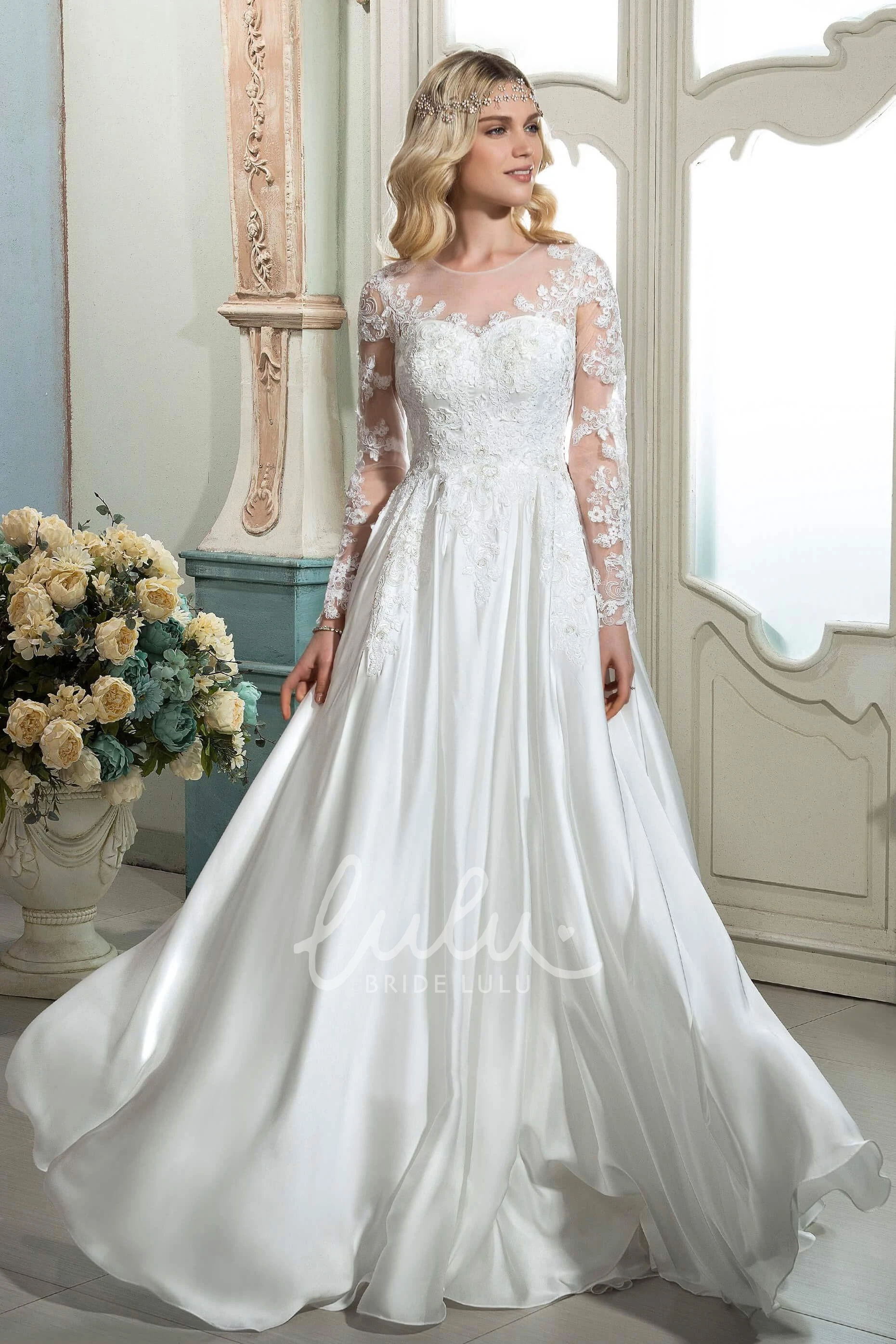 A-line Ethereal Lace Wedding Dress with Illusion Long Sleeves and Button Back