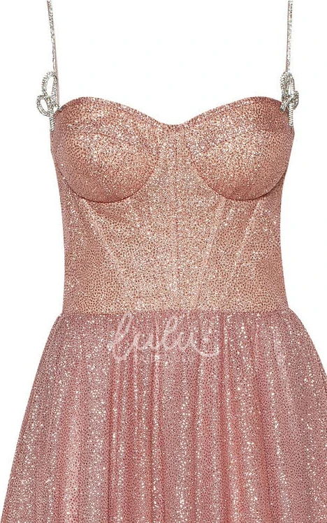 Romantic Sequins Spaghetti Formal Dress with Lace-up Back and Bow Women's Evening Gown