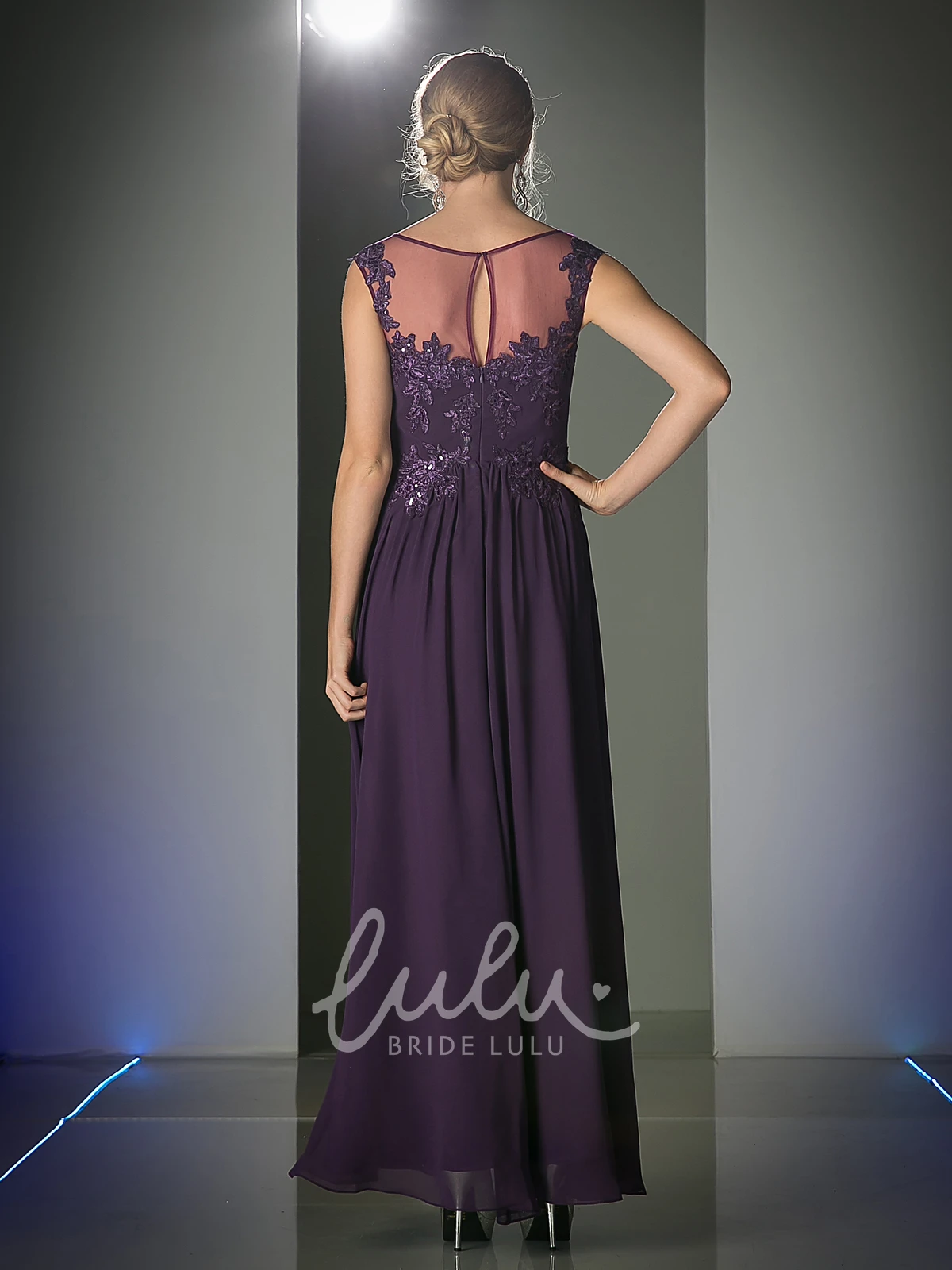 Scoop-Neck Sleeveless Sheath Dress with Appliques and Illusion in Chiffon Fabric