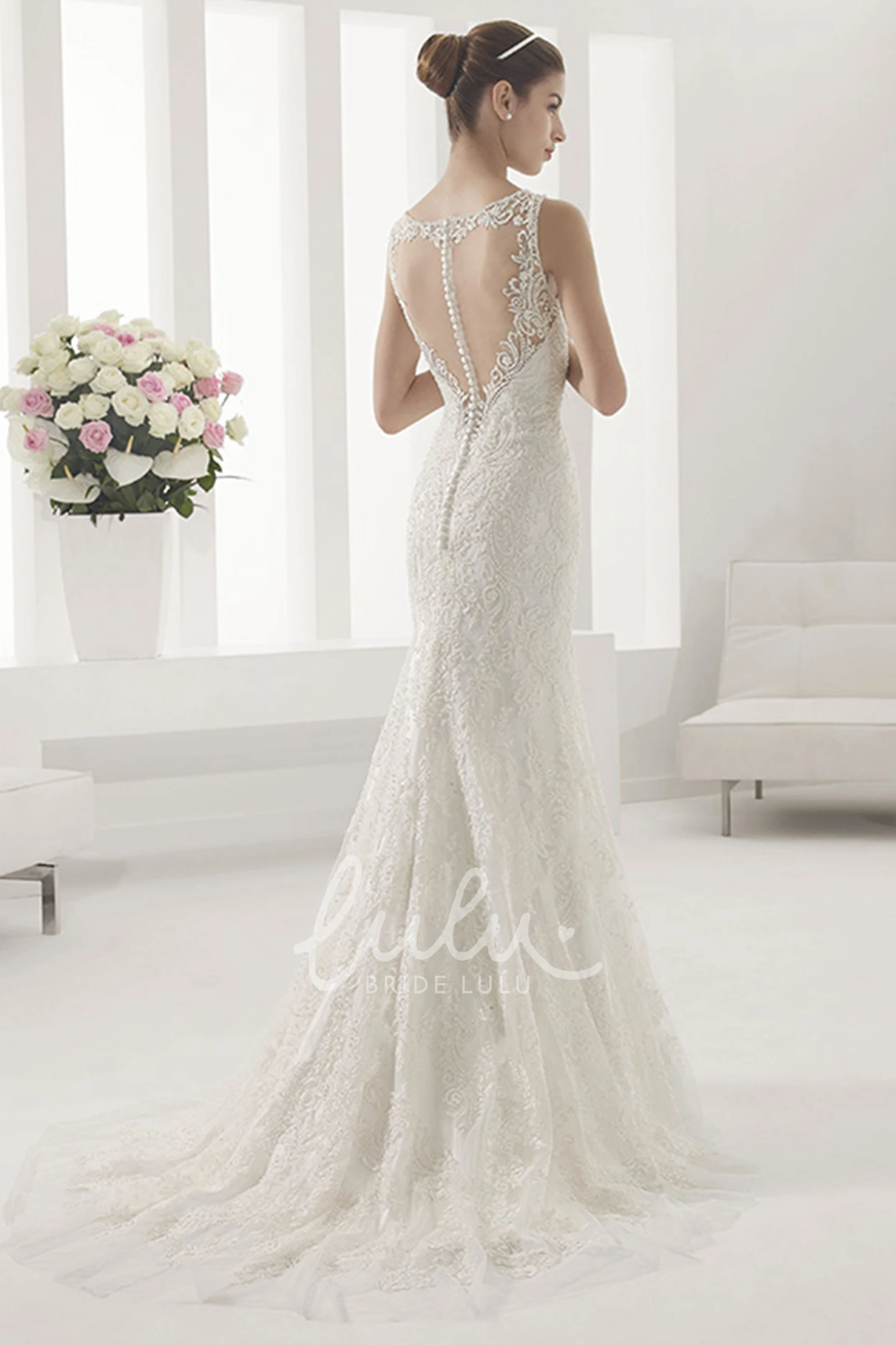 Mermaid Bridal Gown with Allover Lace Illusion Bateau Neck Wedding Dress