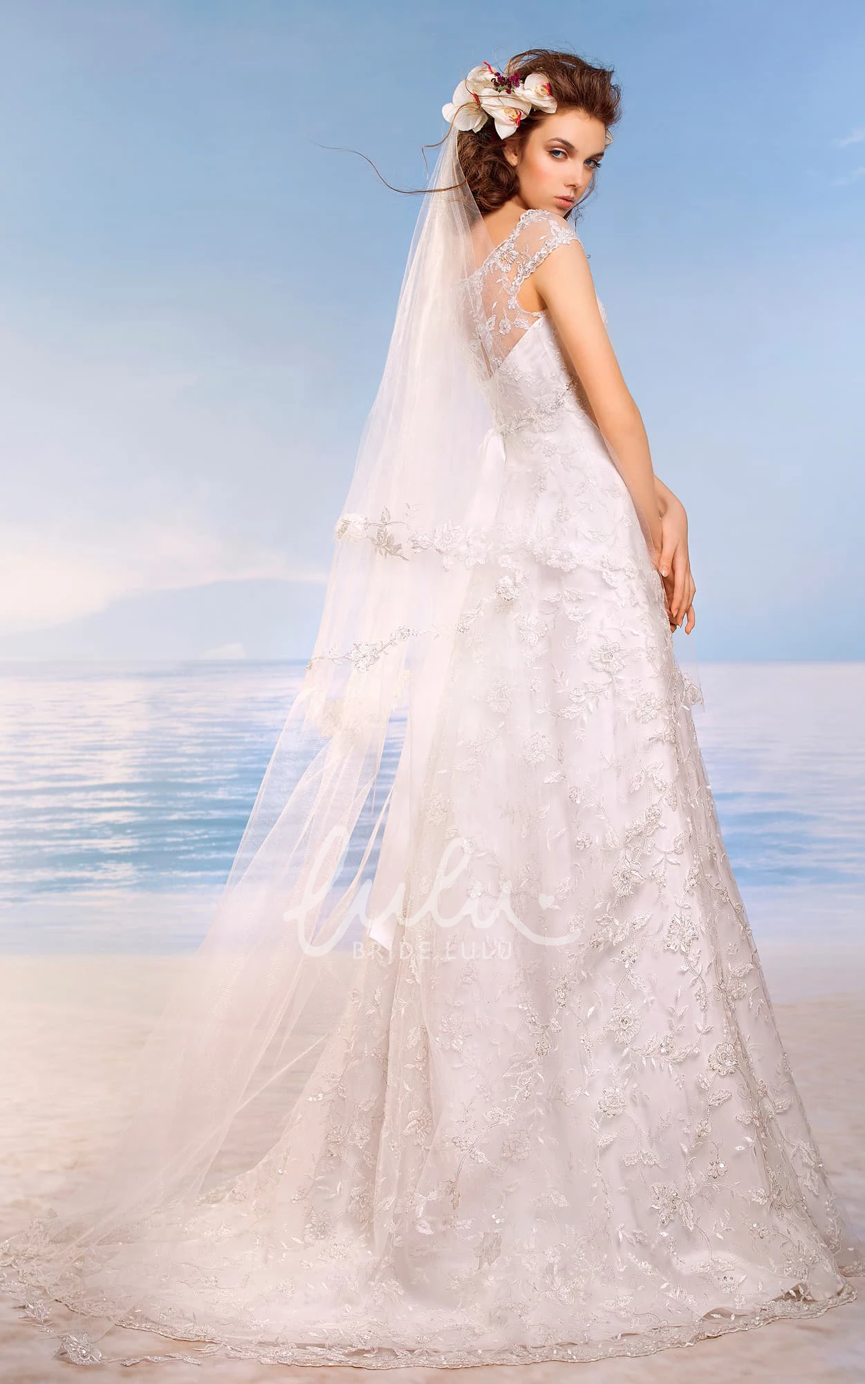Empire Scoop Cap-Sleeve Lace Wedding Dress with Beading and Appliques