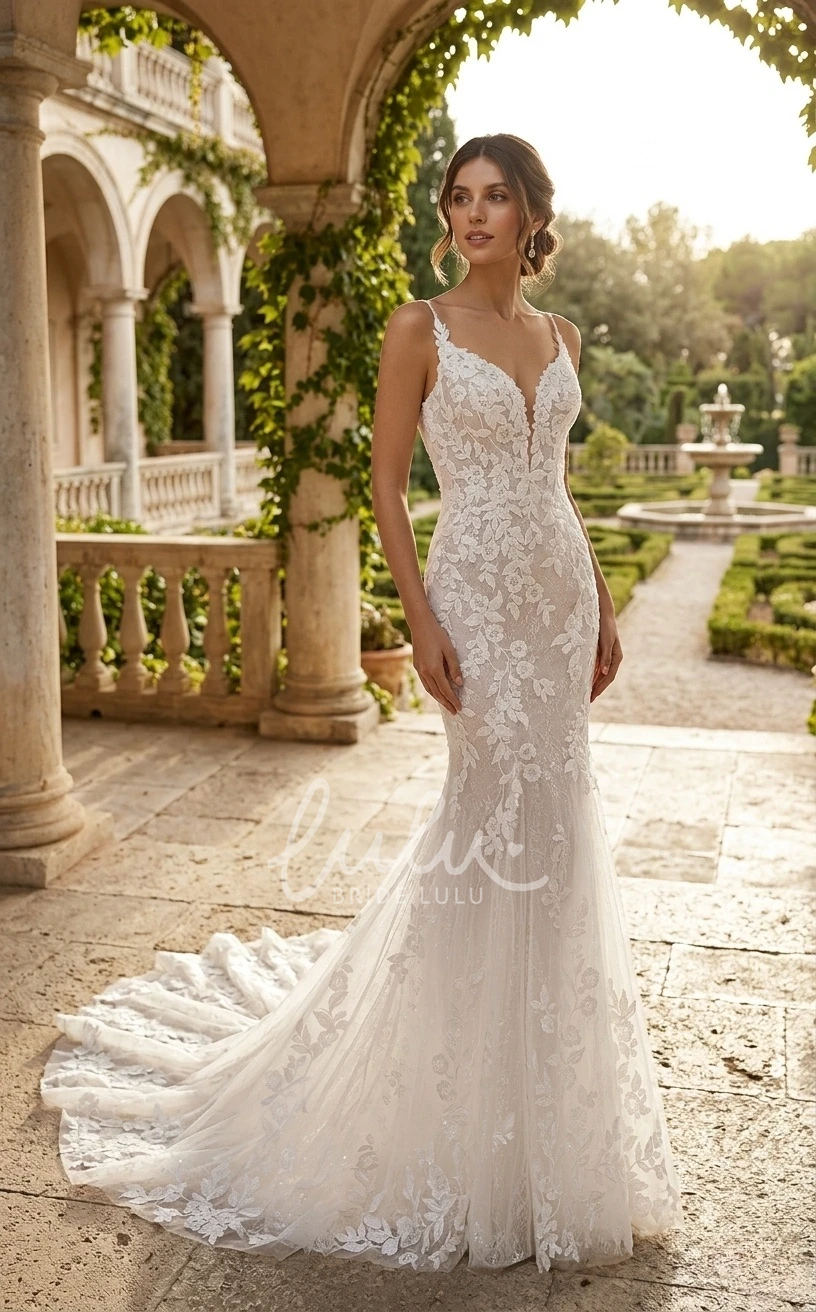 Mermaid Lace Boho Wedding Dress Beach Sleeveless V-Neck Spaghetti Bridal Gown