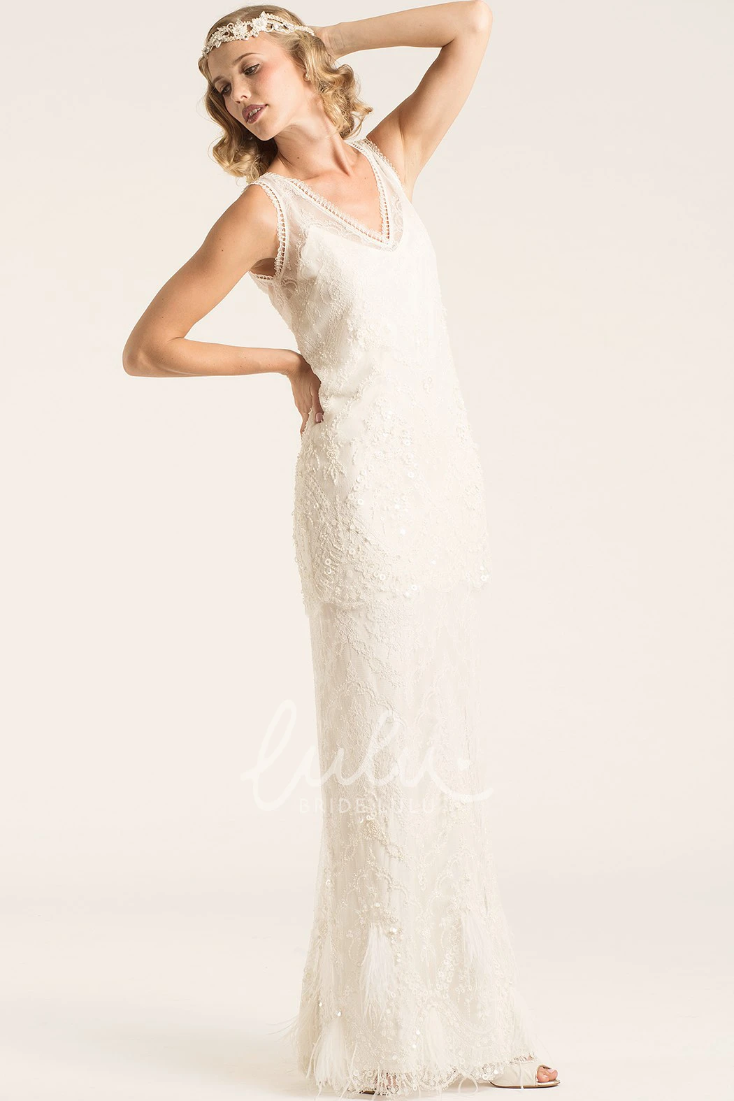 Beaded Lace V-Neck Wedding Dress with Appliques Floor-Length V-Back