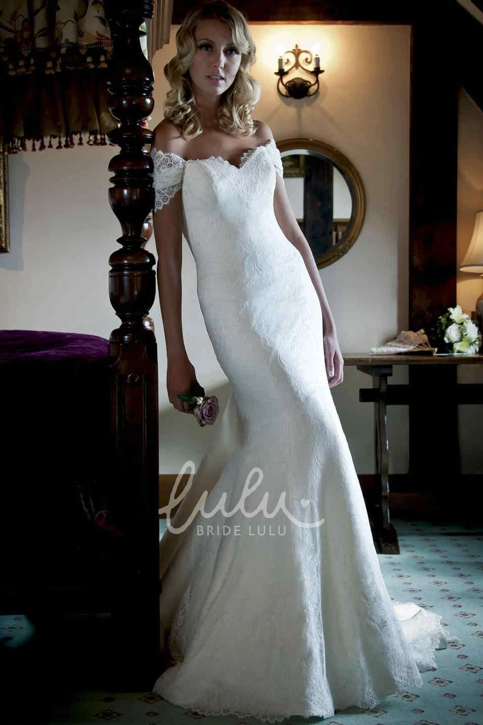 Off-The-Shoulder Lace Sheath Wedding Dress with Zipper Closure