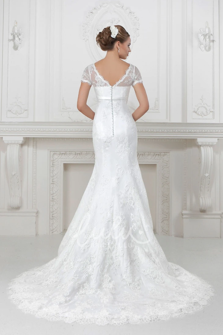 V-Neck Lace and Satin Trumpet Wedding Dress with Waist Jewelry