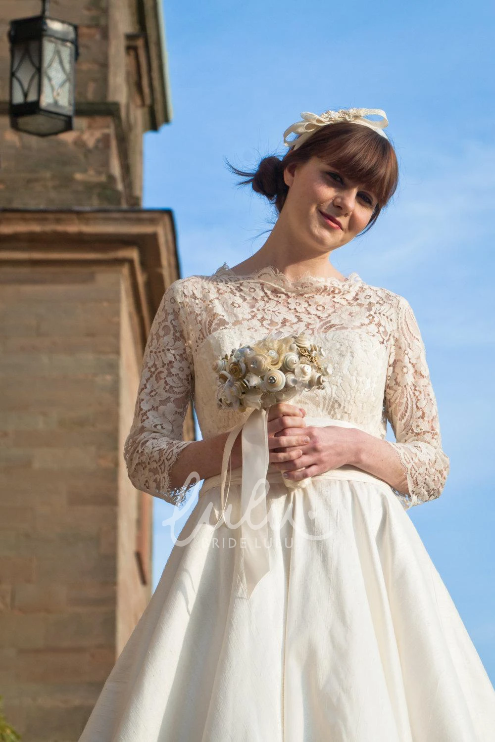 1950s Tea-Length Taffeta Wedding Dress High Neck Long Sleeve and Pleated A-Line