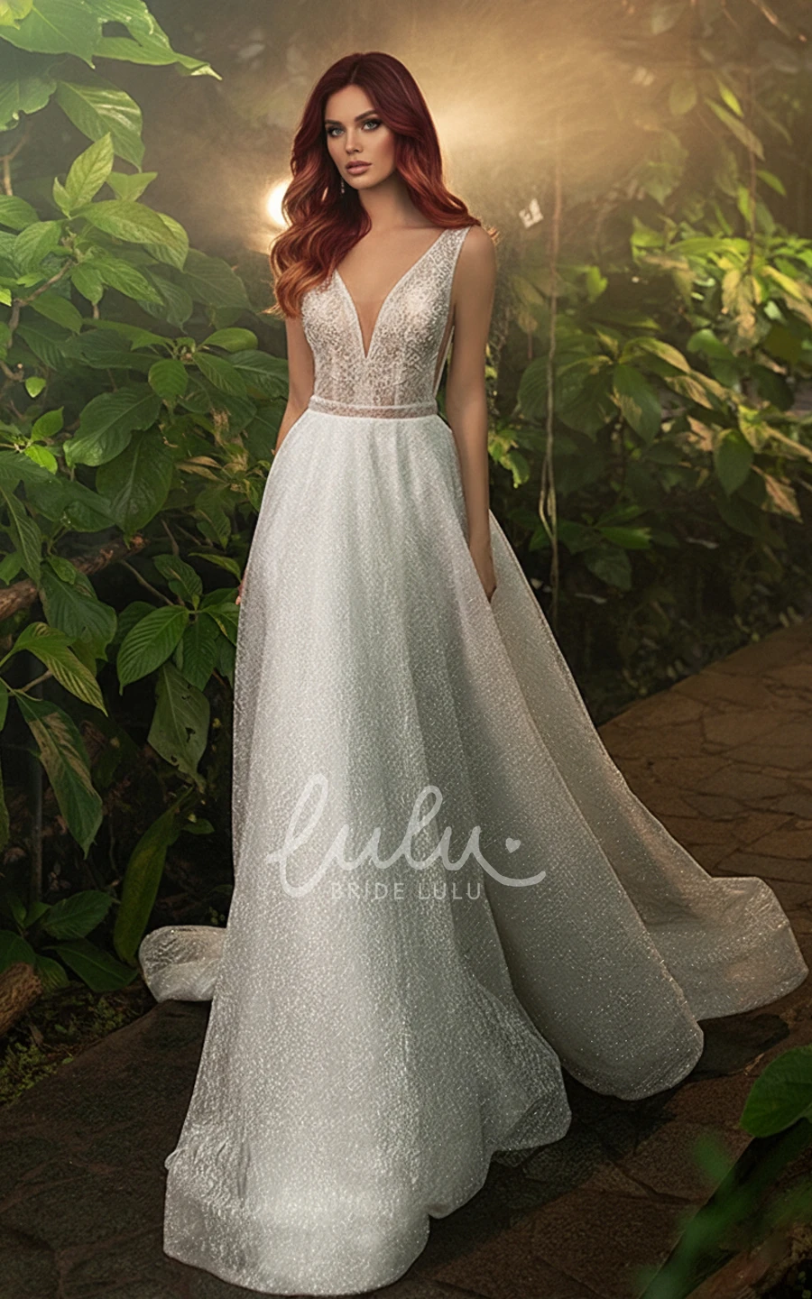 Beach A-Line Sparkly Wedding Dress Sleeveless Deep-V Neckline Informal Gown
