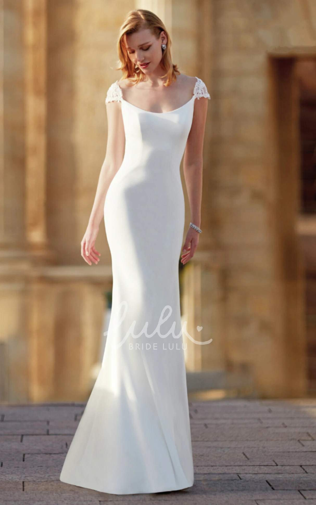 Satin Bateau Wedding Dress with Cap Sleeves Casual and Elegant