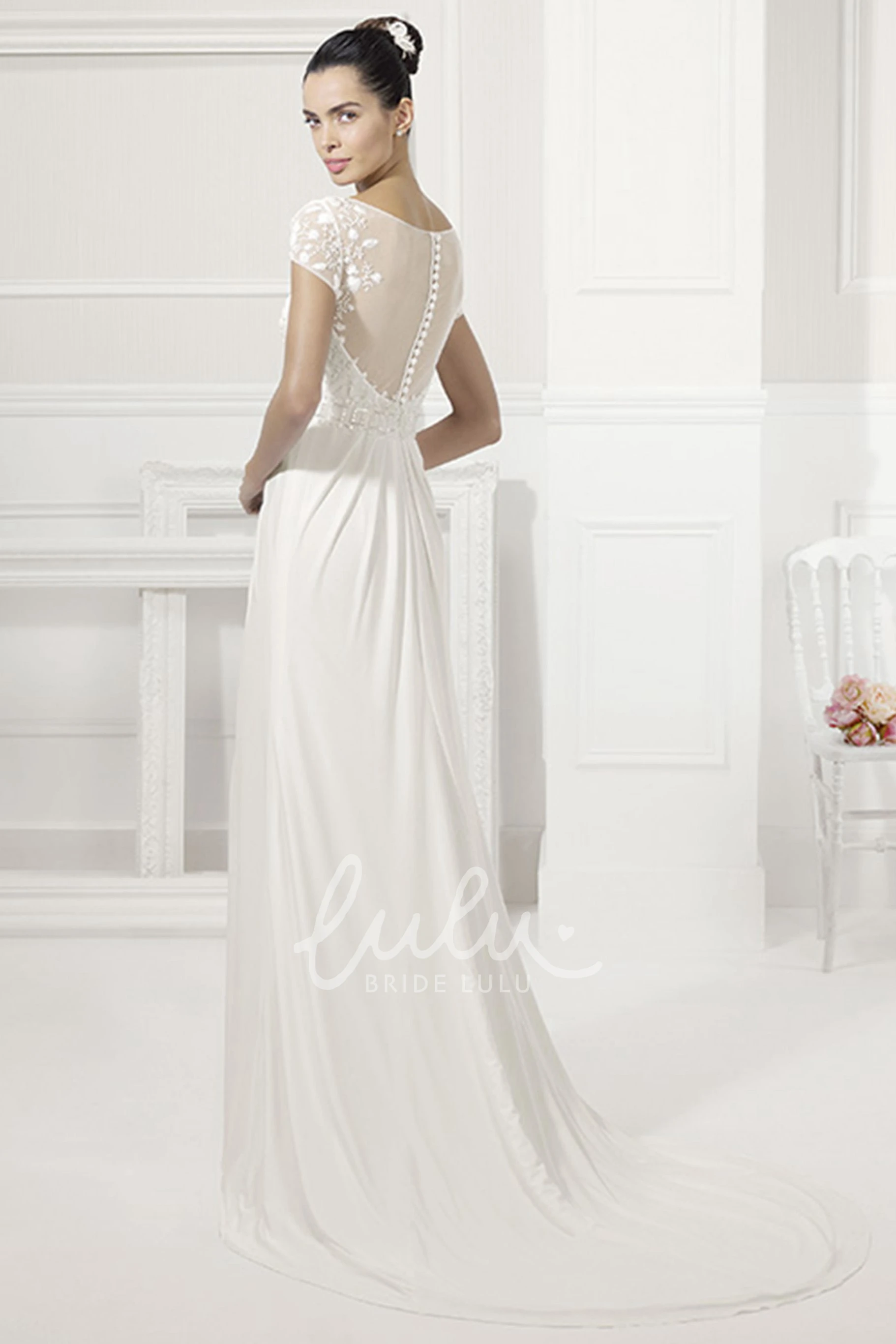 Short-Sleeve Wedding Dress with Jewel Neckline and Crystal Sash