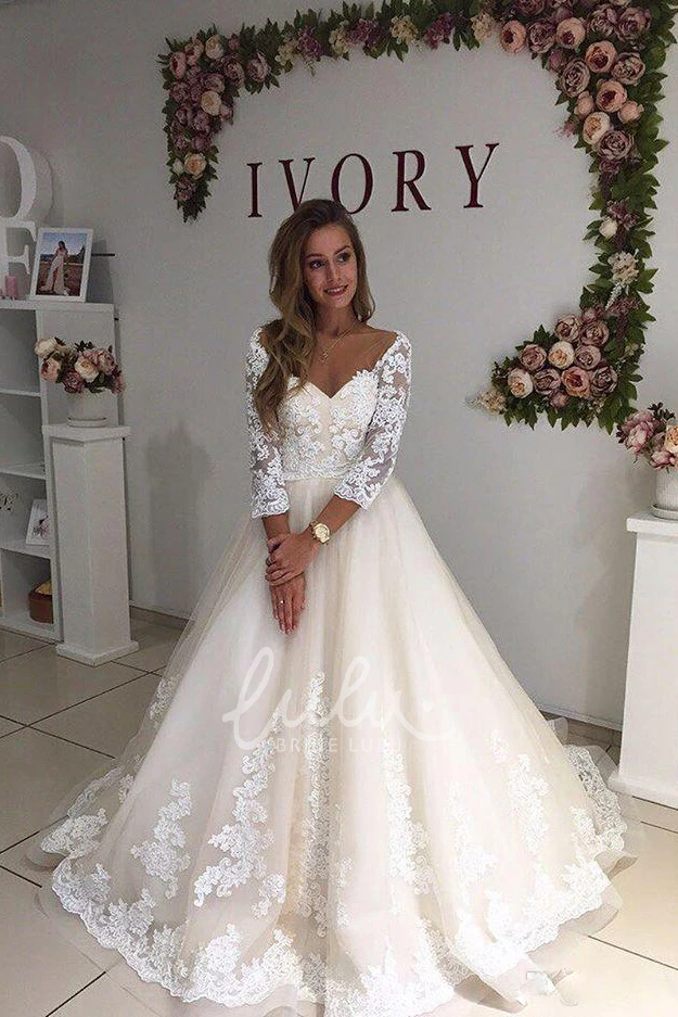 Off-shoulder Lace Tulle Wedding Dress with Low-V Back Ball Gown