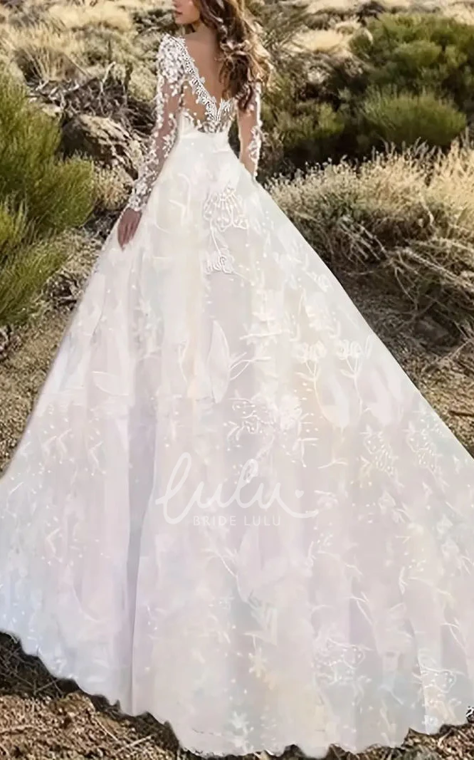 V-neck Lace Ball Gown Wedding Dress Country Garden Sexy Romantic