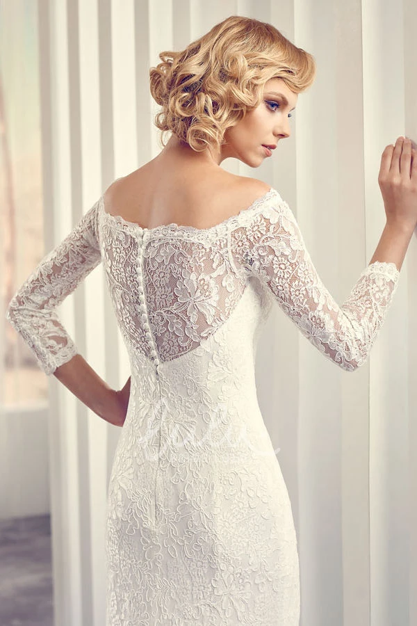 Off-The-Shoulder Long-Sleeve Lace Wedding Dress with Court Train Modern Bridal Gown