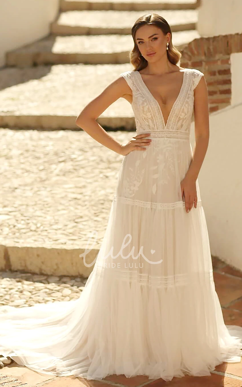 A-Line Boho Wedding Dress Lace Sleeveless Brush Train V-neck with Sexy Low-V Back