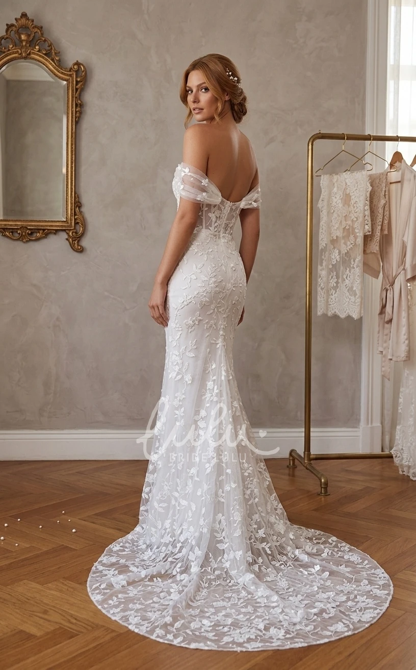 Romantic Sexy Tulle Lace Mermaid Off-the-shoulder Plunging Neckline Spring Wedding Dress Floor-length Sleeveless Appliques Bridal Gown with Open Zipper Back Court Train