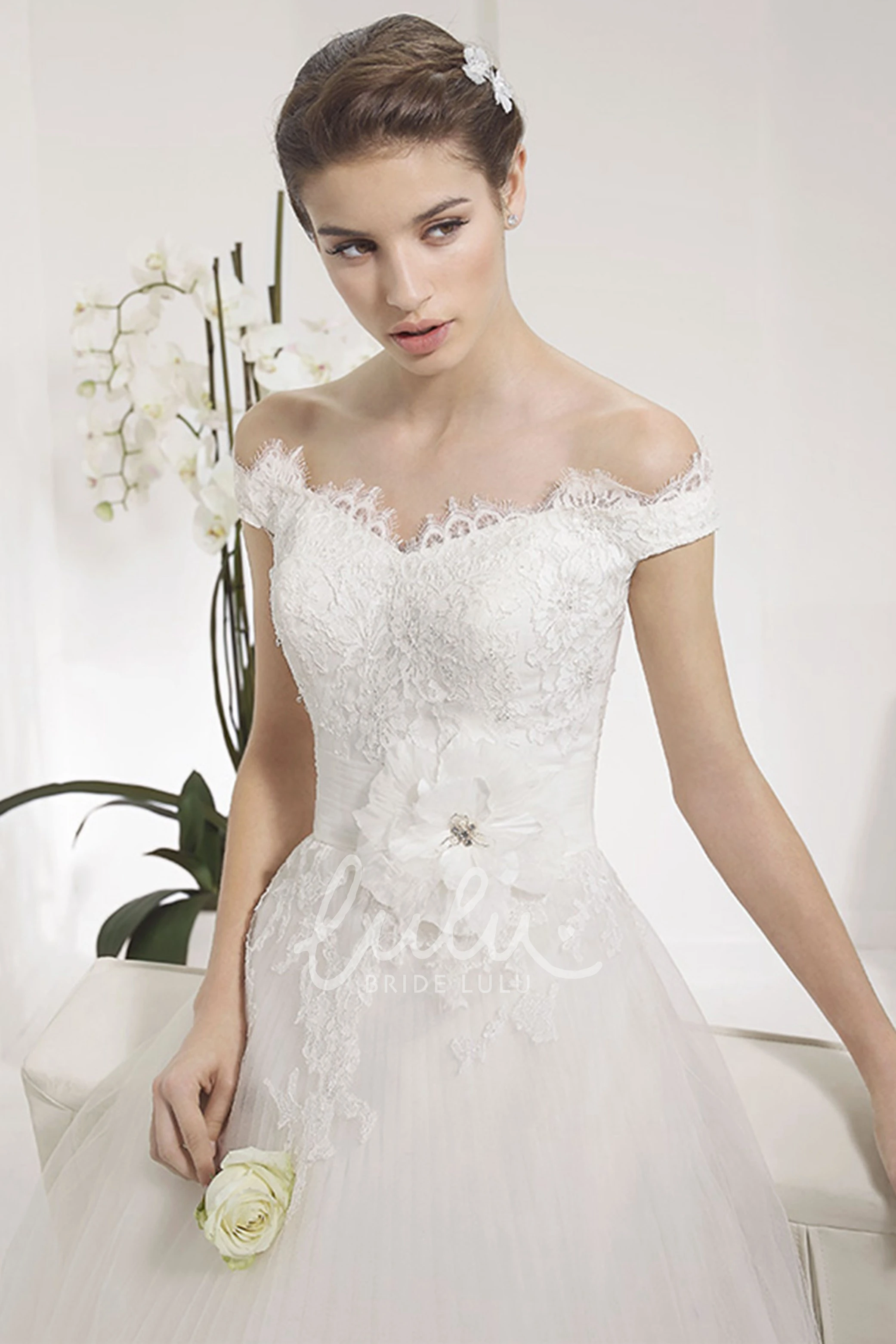 Off Shoulder A-line Tulle Gown with Lace Top and Flower Modern Wedding Dress