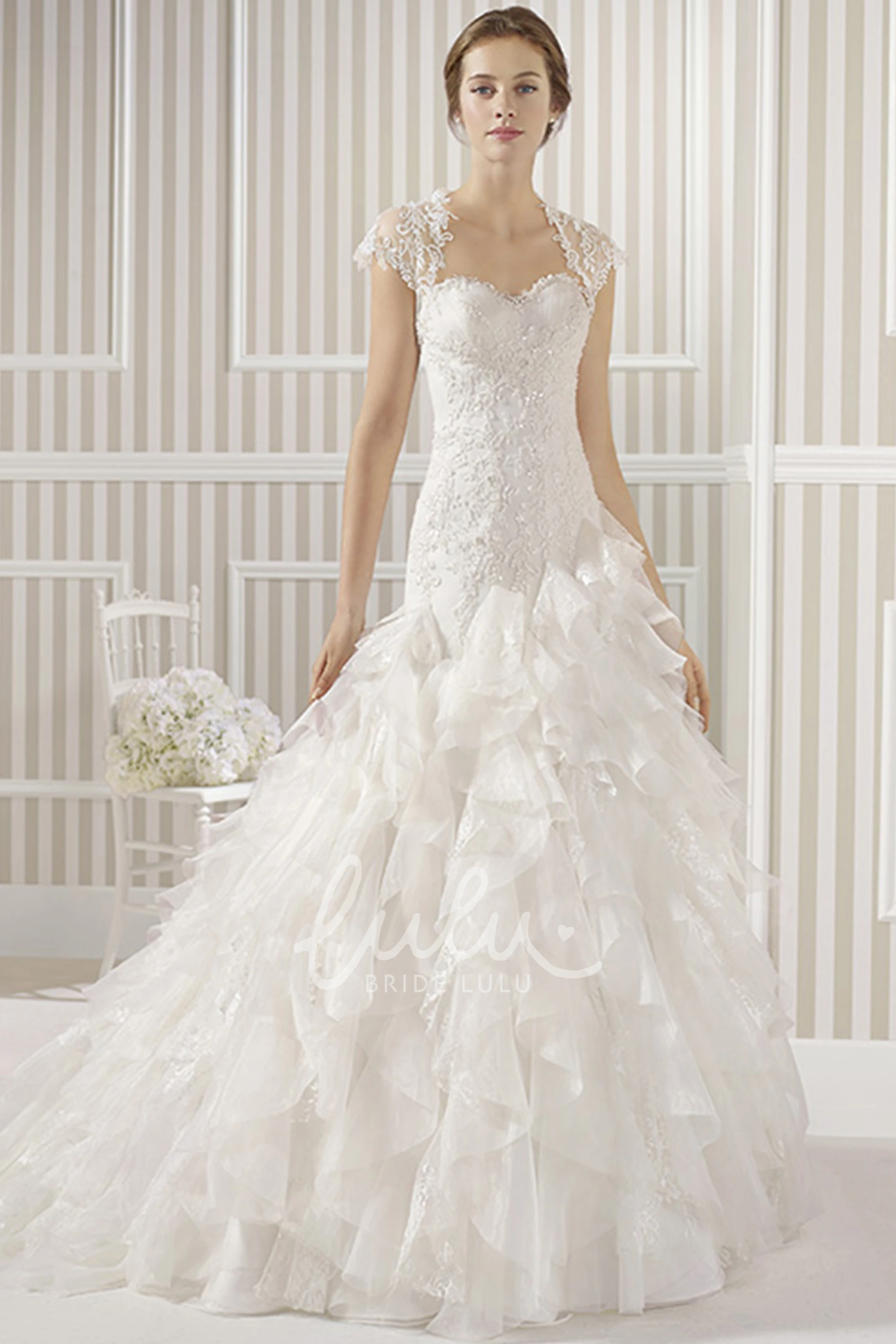Long Beaded A-Line Organza Wedding Dress with Appliques
