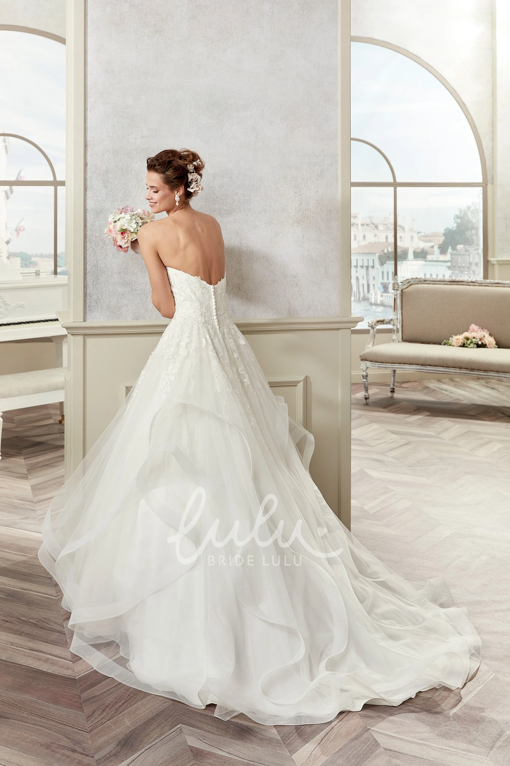 Asymmetrical Ruffles Strapless A-line Wedding Gown with Ruching and Appliques Chic Bridal Gown